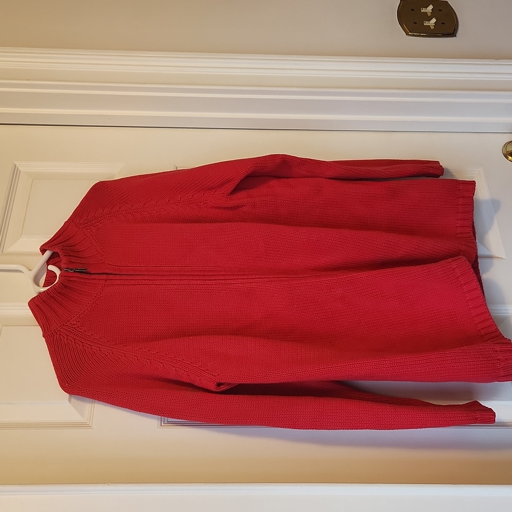 Lands' End Red Cotton Zippered Cardigan Sweater